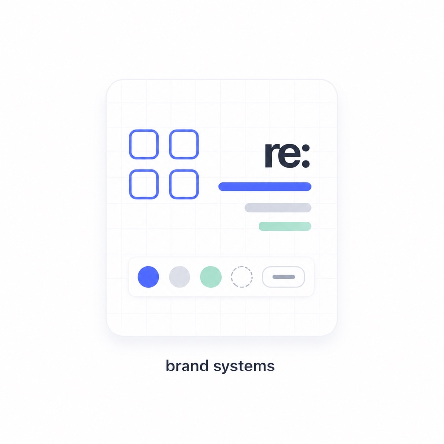Brand systems visual showing modular logo blocks, re:struktur wordmark elements, and color tokens.