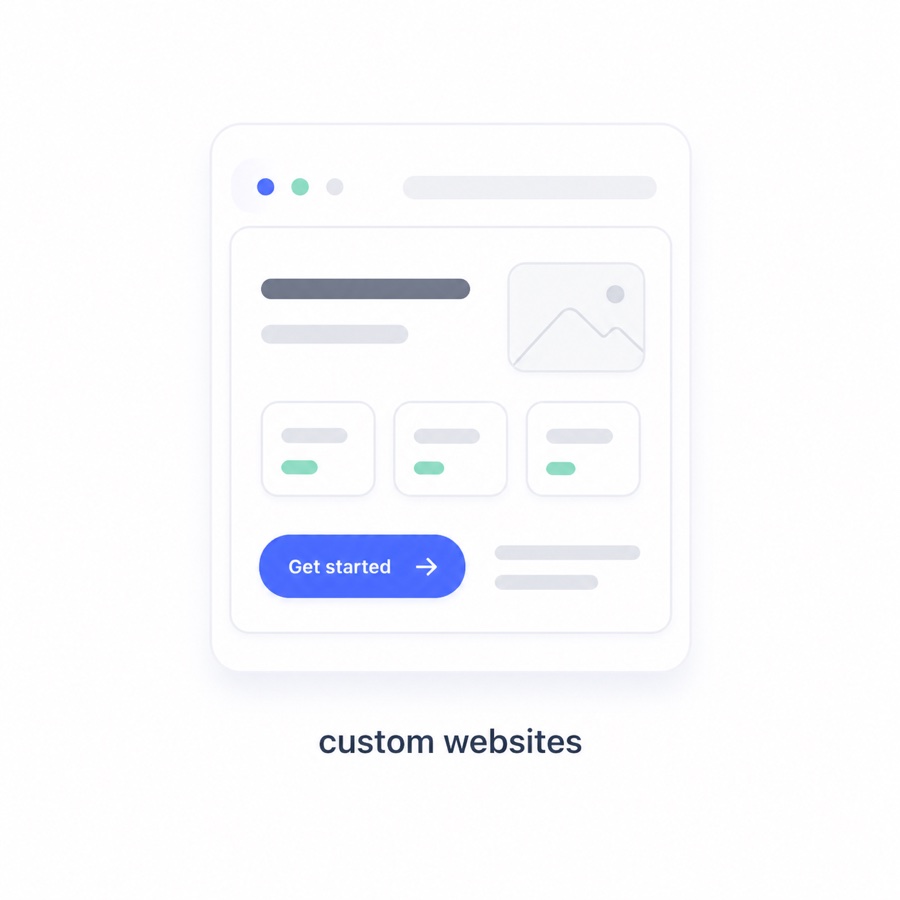 Custom websites visual showing a soft browser interface, content cards, and a get started call to action.
