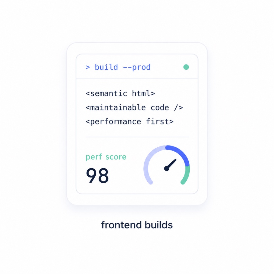 Frontend builds visual showing build command, semantic HTML, maintainable code, and performance score.