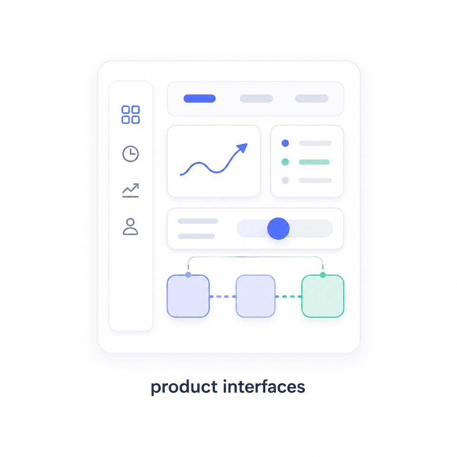 Product interfaces visual showing a dashboard, sidebar, chart, slider, and connected workflow blocks.